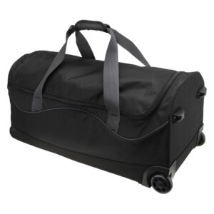 Black wheeled duffel bag with grey carry handles and inline wheels.