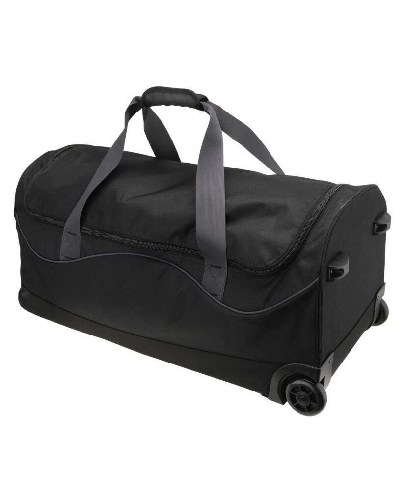 Black wheeled duffel bag with grey carry handles and inline wheels.