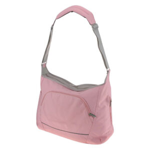 Light pink nylon crossbody shoulder bag with grey adjustable strap and front zipper pocket.
