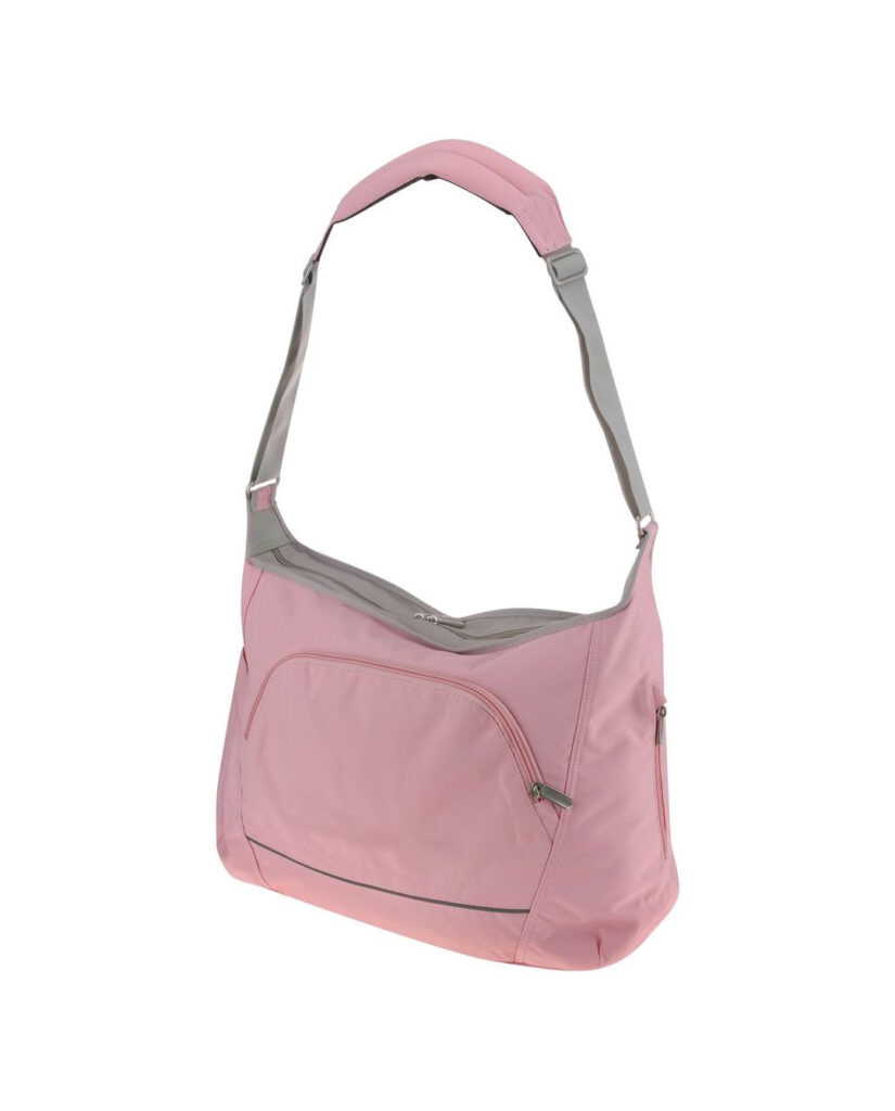 Light pink nylon crossbody shoulder bag with grey adjustable strap and front zipper pocket.