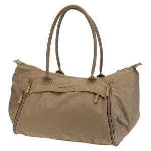 Tan nylon duffel bag with long dual shoulder straps and zippered front pockets.