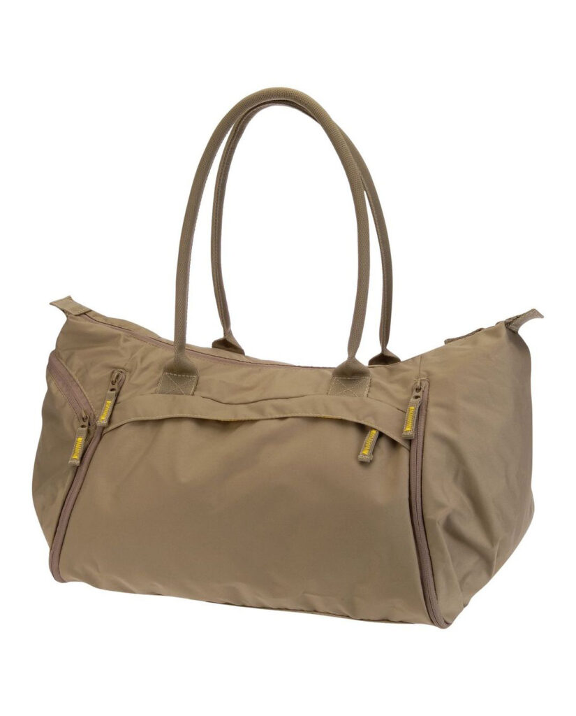 Tan nylon duffel bag with long dual shoulder straps and zippered front pockets.